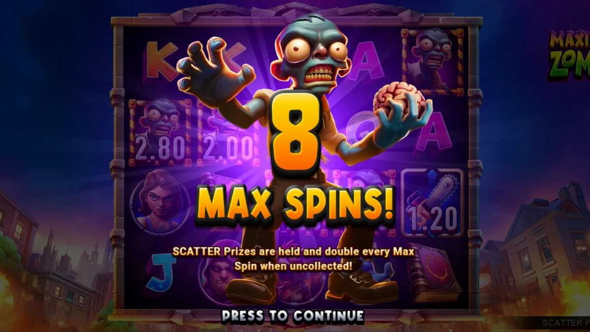 Tampilan layar permainan slot Maximum Zombie dengan tema apokaliptik