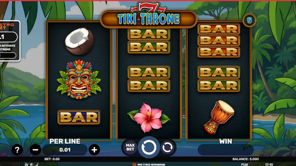 Tampilan antarmuka mobile slot 777 – Tiki Throne dengan latar belakang pulau tropis