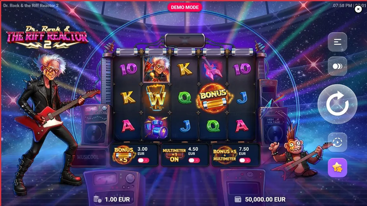 Dr. Rock & the Riff Reactor 2 slot game interface with neon lights and rock theme