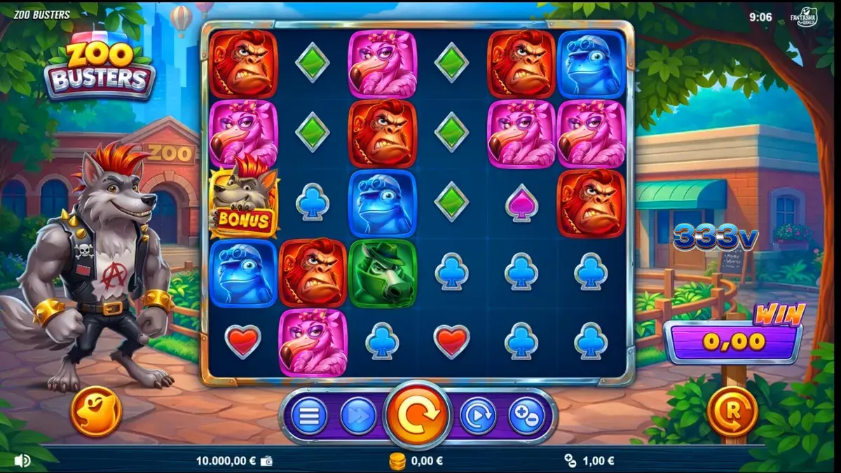 Tampilan visual slot Zoo Busters dengan karakter hewan punk yang penuh warna
