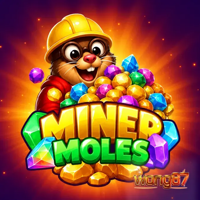 Tampilan visual grid 6x6 dalam permainan slot Miner Moles dengan tema pertambangan kartun.